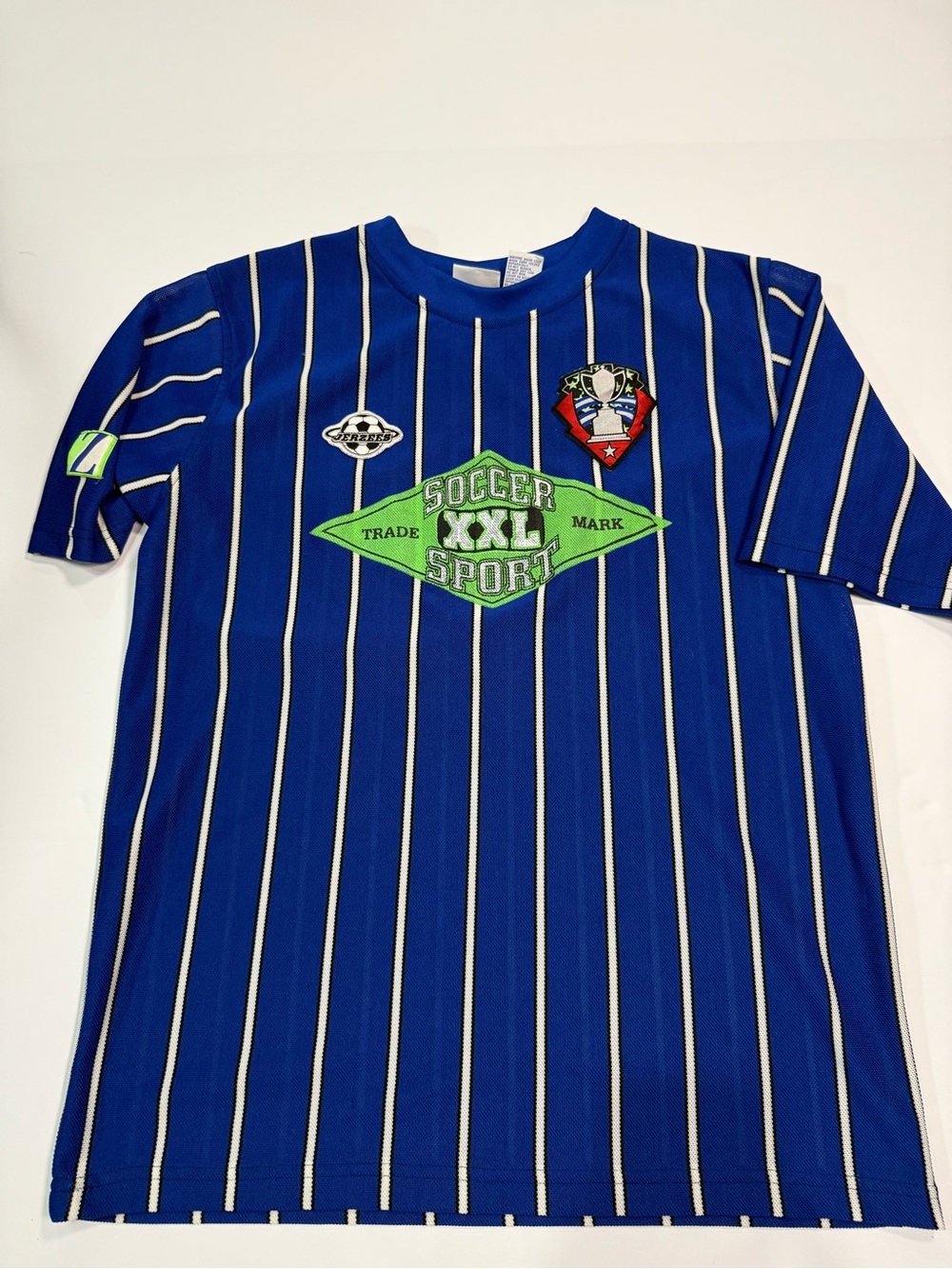 Jerzees Blue Pinstripe Soccer XXL Sport Tee with Green Patch